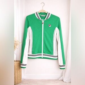 Fila Sport Zip-Up Track Jacket Green White Striped Trim Athletic Jacket